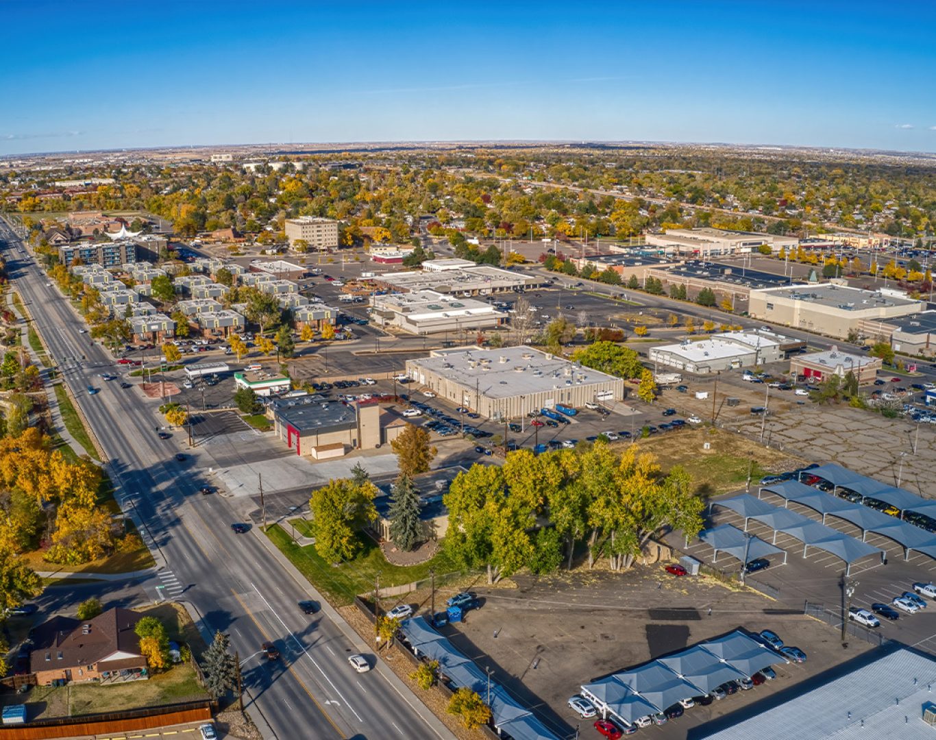 A commercial solar panel system providing clean energy to a business in Thornton, CO.